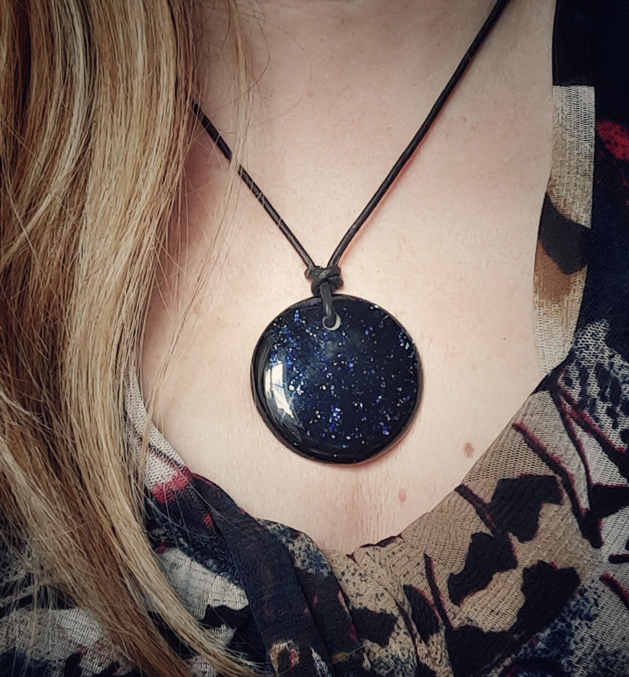 Fused Glass Pendant on leather- Black with Blue Sparkles