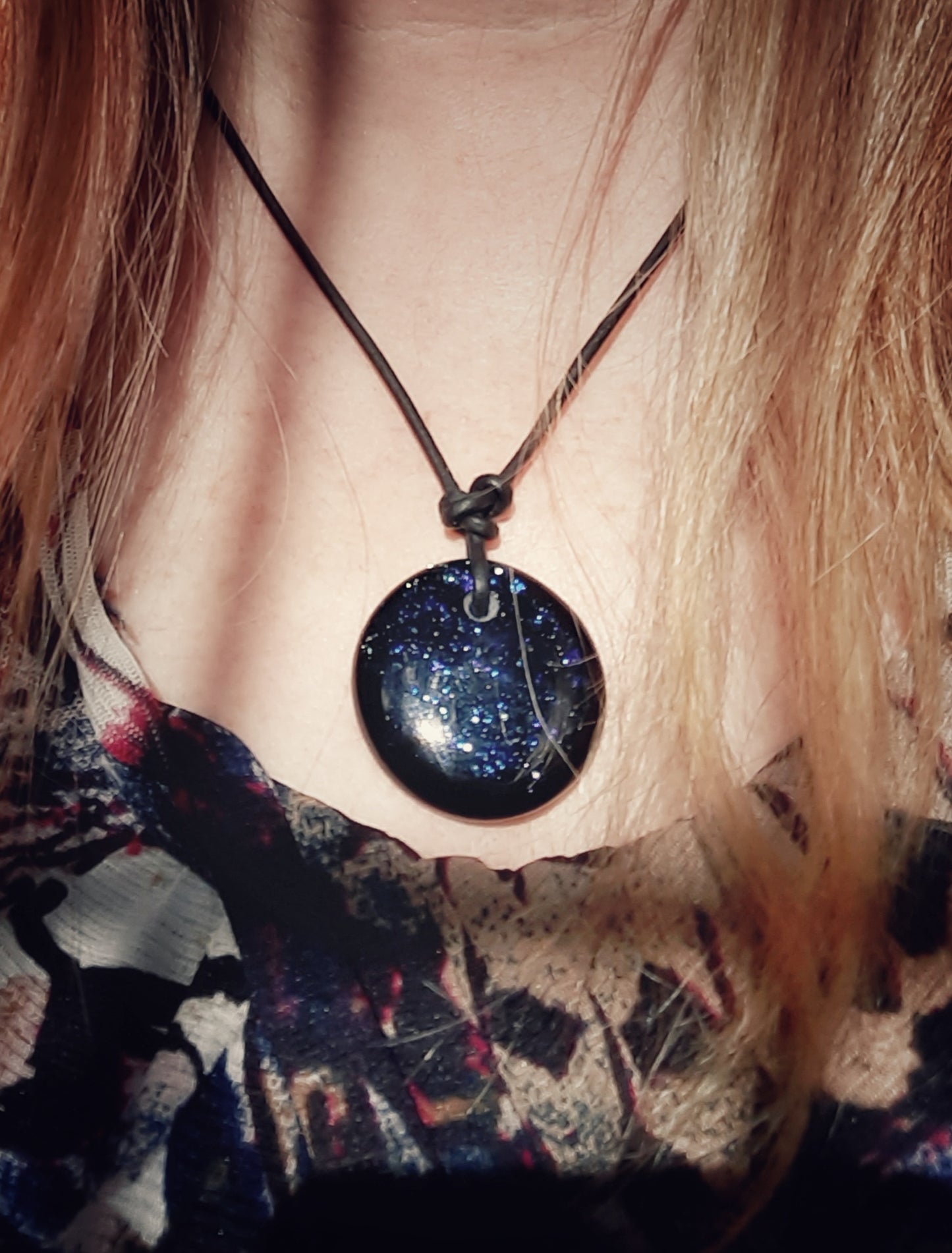 Fused Glass Pendant on leather- Black with Blue Sparkles