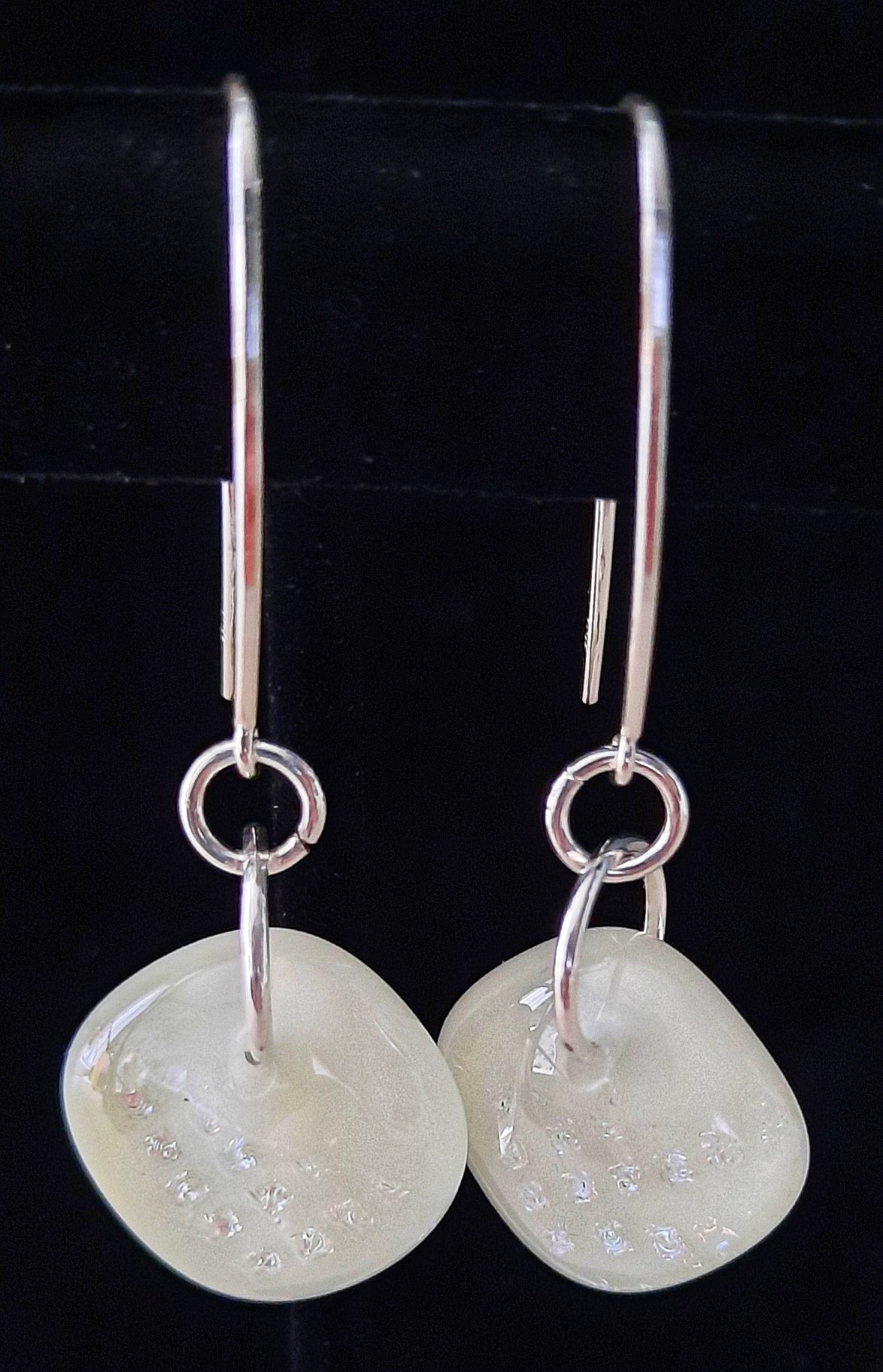.925 Sterling Silver Earrings with Off White and Multi-colored Dichroic Fused Glass Dangle