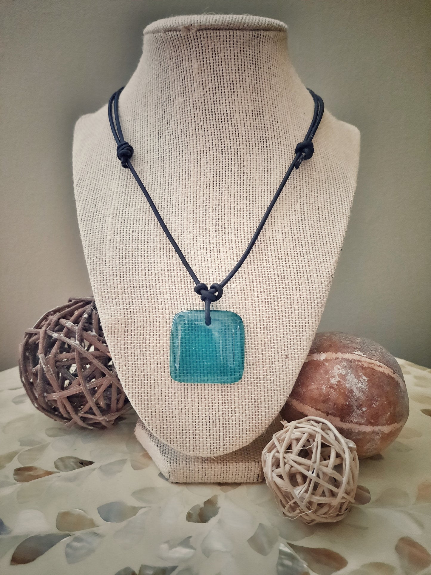 Fused Glass pendant on leather - Emerald Green