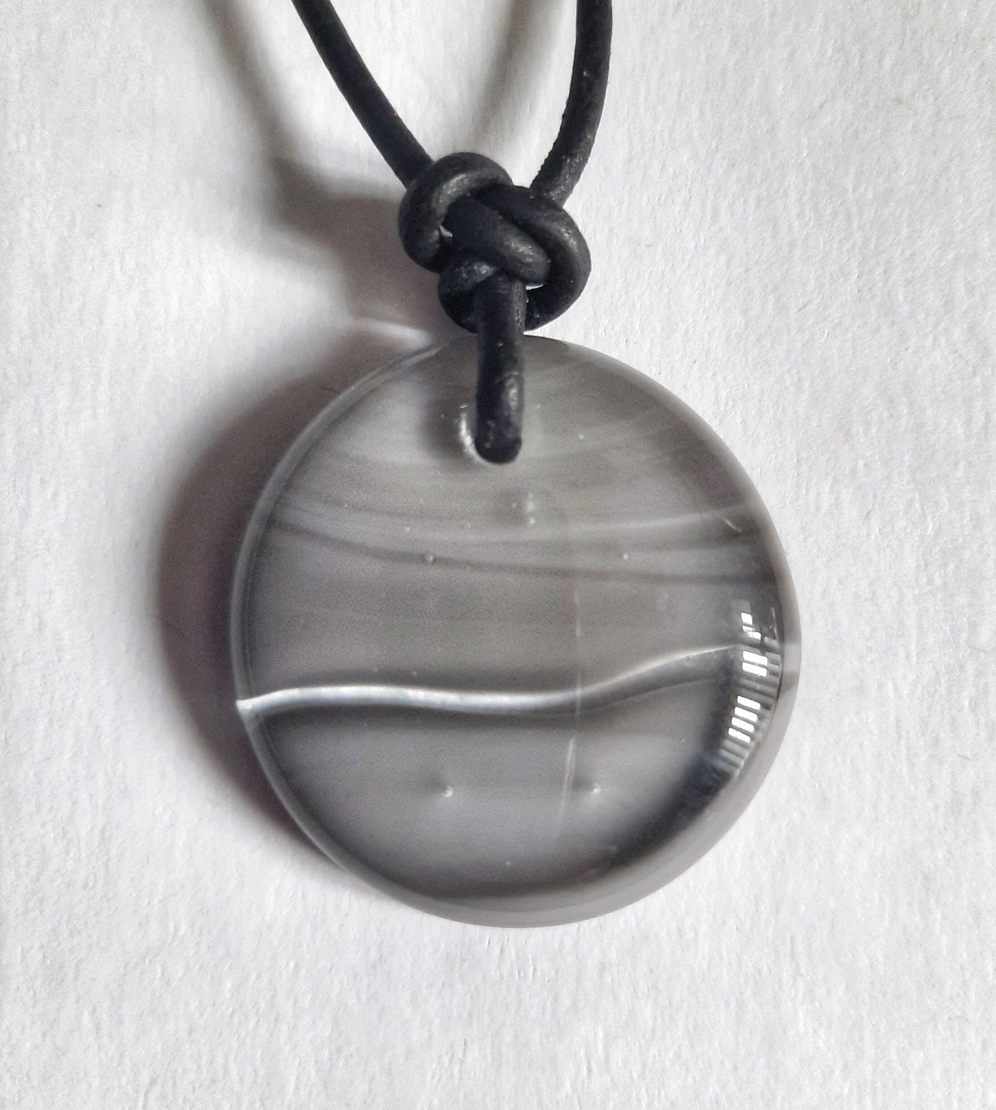 Fused Glass Pendant on Leather - Gray and Clear