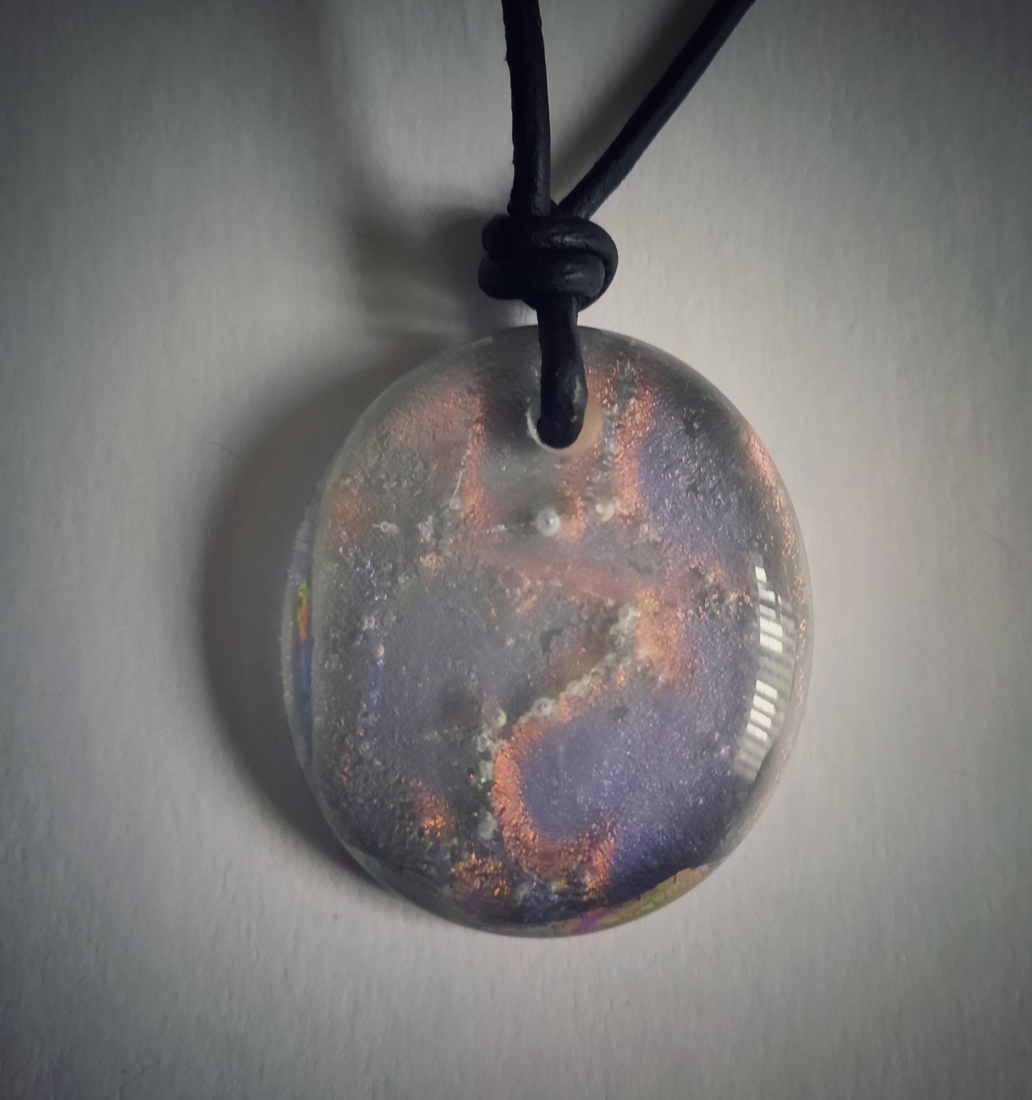 Fused Glass Pendant On Leather - Grey With Dichroic